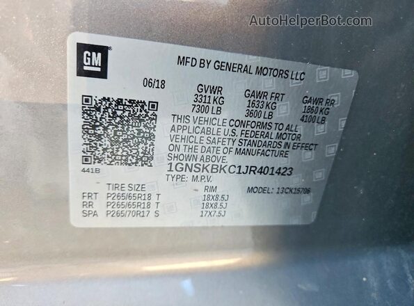 1GNSKBKC1JR401423 2018 CHEVROLET TAHOE Серый Вид наклейки с VIN-кодом