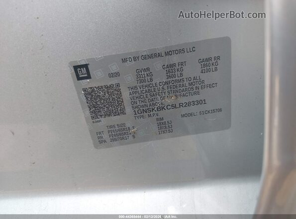 1GNSKBKC5LR283301 2020 CHEVROLET TAHOE Silver Engine compartment view