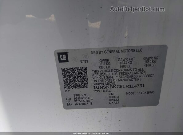 1GNSKBKC6LR114761 2020 CHEVROLET TAHOE Белый Вид подкапотного пространства
