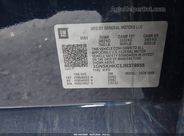 1GNSKHKC1JR378955 2018 CHEVROLET SUBURBAN Синий Вид подкапотного пространства