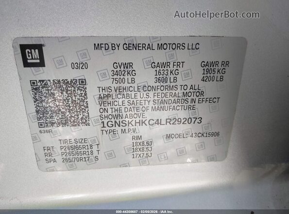 1GNSKHKC4LR292073 2020 CHEVROLET SUBURBAN Silver Vista del compartimento del motor