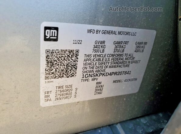 1GNSKPKD4PR207841 2023 CHEVROLET TAHOE Серый Вид наклейки с VIN-кодом