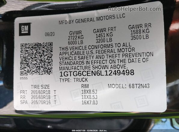 1GTG6CEN6L1249498 2020 GMC CANYON Черный Вид подкапотного пространства
