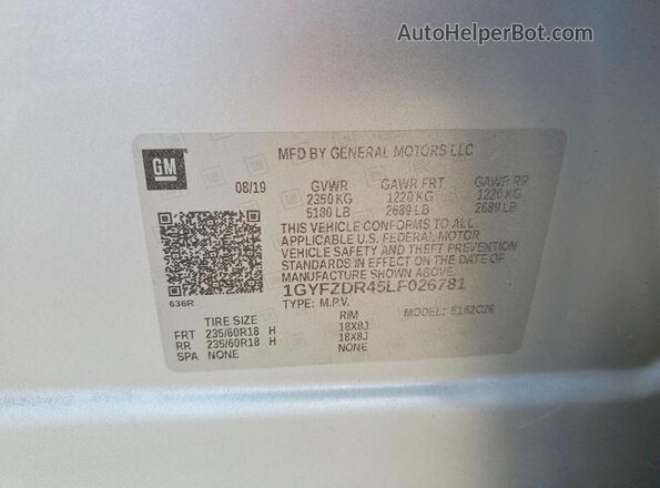 1GYFZDR45LF026781 2020 CADILLAC XT4 Серебряный Вид наклейки с VIN-кодом