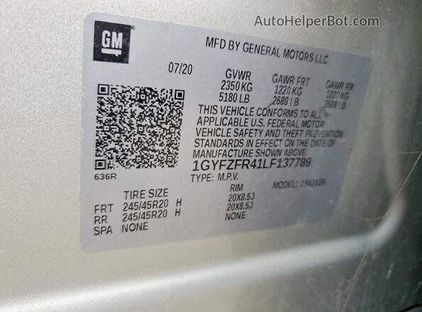1GYFZFR41LF137789 2020 CADILLAC XT4 Silver VIN კოდის სტიკერის ხედი