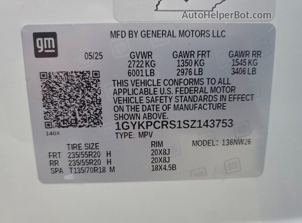 1GYKPCRS1SZ143753 2025 CADILLAC OTHER White Vista de la etiqueta del VIN