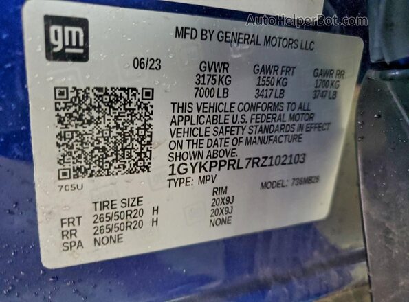 1GYKPPRL7RZ102103 2024 CADILLAC OTHER Blue Widok naklejki z numerem VIN