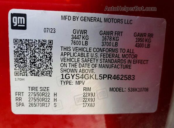 1GYS4GKL5PR462583 2023 CADILLAC ESCALADE Темно-бордовый Вид наклейки с VIN-кодом
