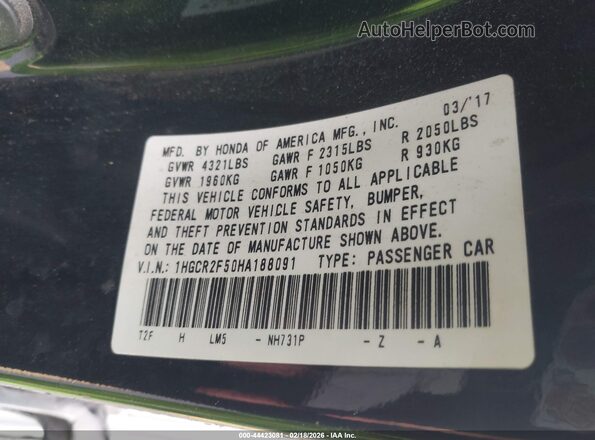 1HGCR2F50HA188091 2017 HONDA ACCORD Черный Вид подкапотного пространства