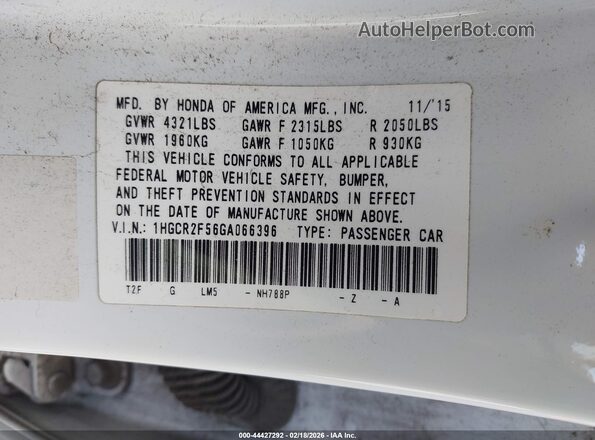 1HGCR2F56GA066396 2016 HONDA ACCORD Белый Вид подкапотного пространства