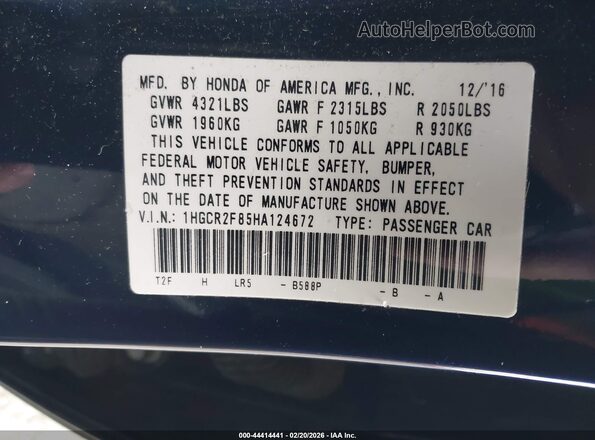 1HGCR2F85HA124672 2017 HONDA ACCORD Dark Blue Вид подкапотного пространства