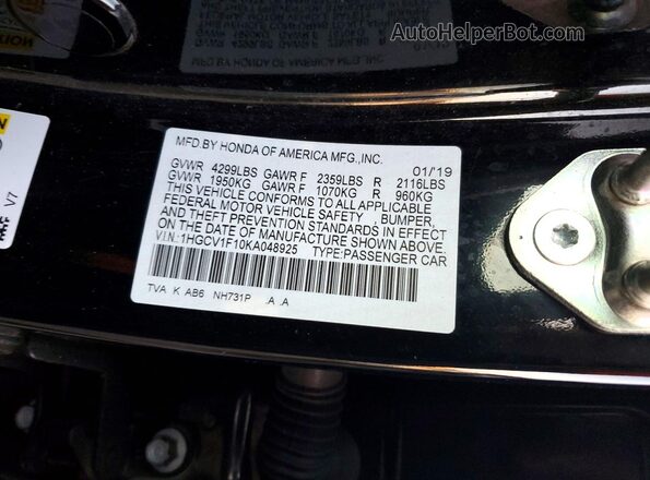 1HGCV1F10KA048925 2019 HONDA ACCORD Черный Вид наклейки с VIN-кодом