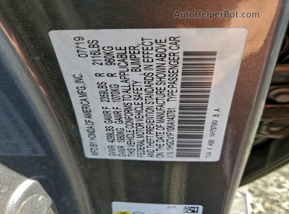 1HGCV1F10KA143761 2019 HONDA ACCORD Серый Вид подкапотного пространства