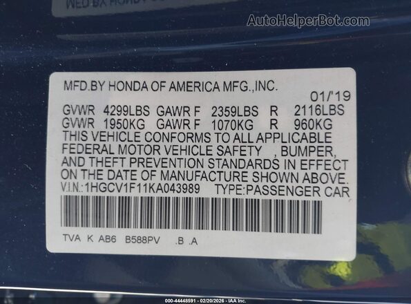 1HGCV1F11KA043989 2019 HONDA ACCORD Dark Blue Вид подкапотного пространства