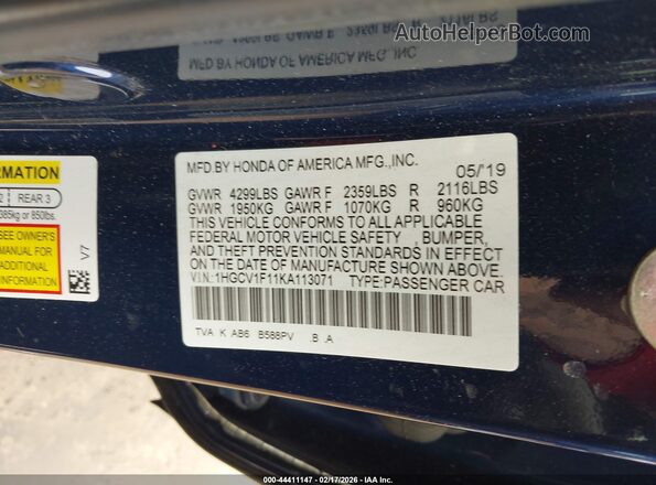 1HGCV1F11KA113071 2019 HONDA ACCORD Blue ძრავის განყოფილების ხედი
