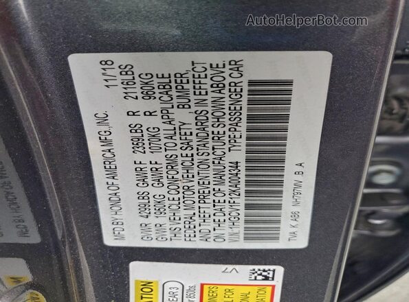 1HGCV1F12KA004344 2019 HONDA ACCORD Gray Vista del compartimento del motor