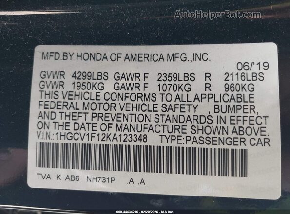 1HGCV1F12KA123348 2019 HONDA ACCORD Черный Вид подкапотного пространства
