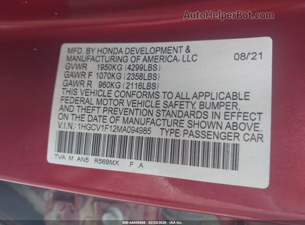 1HGCV1F12MA094985 2021 HONDA ACCORD Красный Вид подкапотного пространства