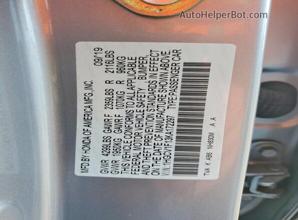 1HGCV1F13KA172297 2019 HONDA ACCORD Silver Вид підкапотного простору