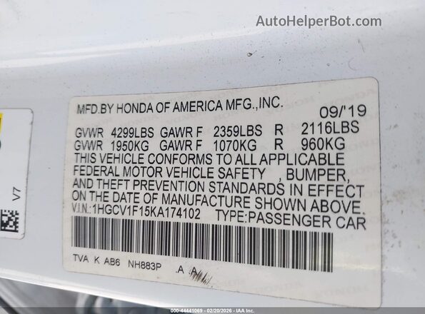 1HGCV1F15KA174102 2019 HONDA ACCORD Белый Вид подкапотного пространства