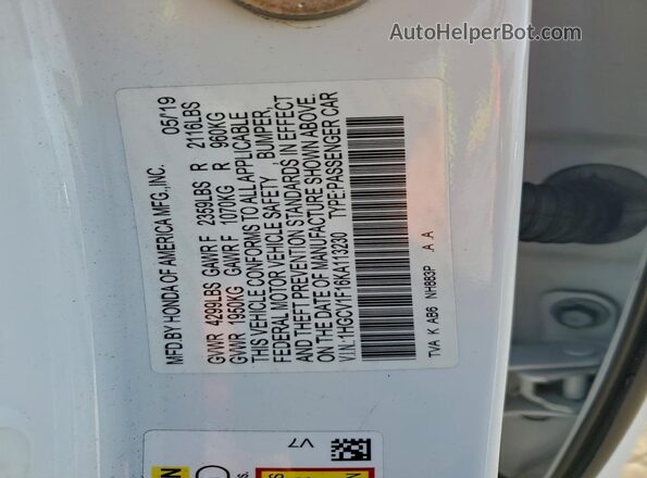 1HGCV1F16KA113230 2019 HONDA ACCORD White VIN կոդի պիտակի տեսք