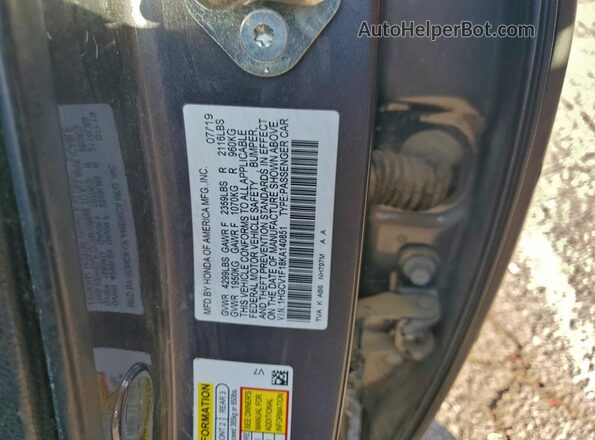 1HGCV1F18KA140851 2019 HONDA ACCORD Серый Вид наклейки с VIN-кодом
