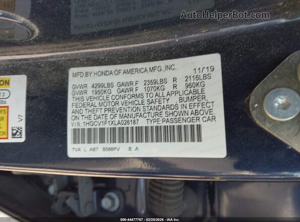 1HGCV1F1XLA026187 2020 HONDA ACCORD Синий Вид подкапотного пространства