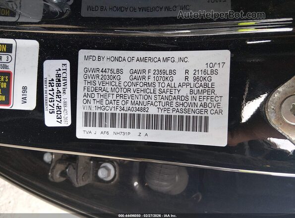 1HGCV1F34JA034882 2018 HONDA ACCORD Black Widok komory silnika