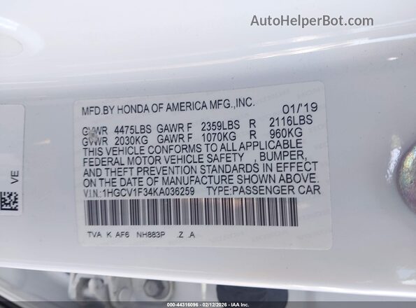 1HGCV1F34KA036259 2019 HONDA ACCORD Белый Вид подкапотного пространства