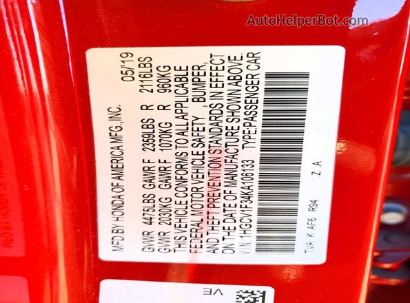1HGCV1F34KA106133 2019 HONDA ACCORD Красный Вид подкапотного пространства