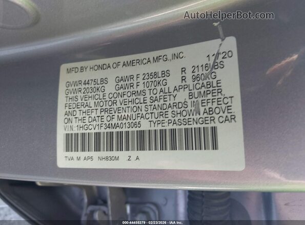 1HGCV1F34MA013065 2021 HONDA ACCORD Silver Вид підкапотного простору