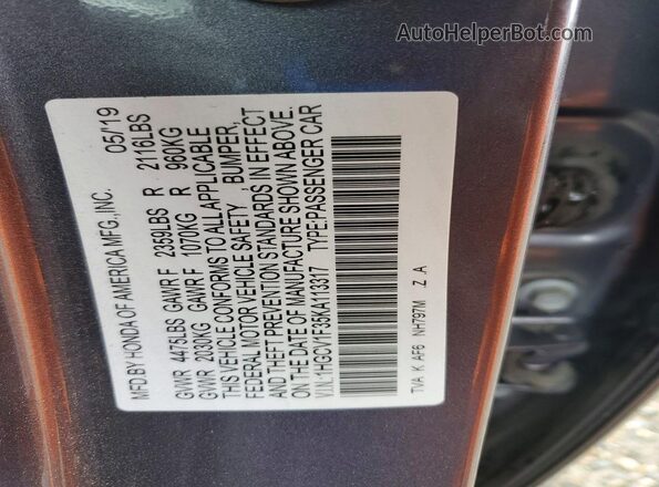 1HGCV1F35KA113317 2019 HONDA ACCORD Угольный Вид подкапотного пространства