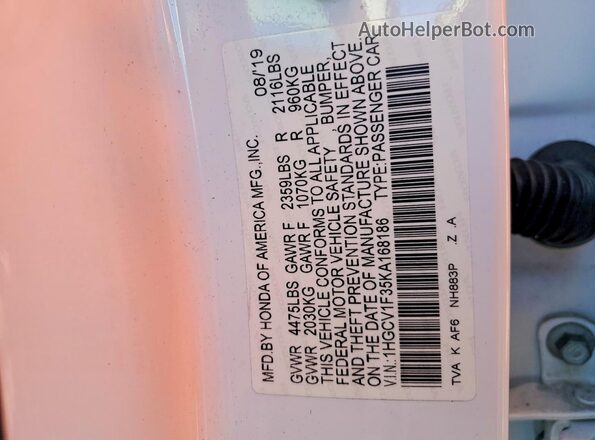 1HGCV1F35KA168186 2019 HONDA ACCORD Белый Вид подкапотного пространства