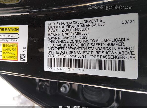 1HGCV1F35MA106791 2021 HONDA ACCORD Black Vista del compartimento del motor