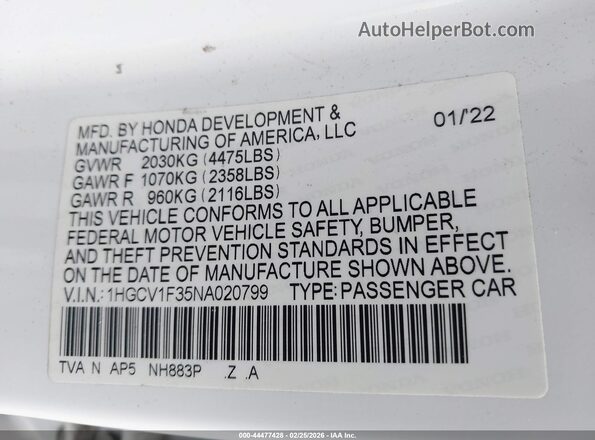 1HGCV1F35NA020799 2022 HONDA ACCORD Белый Вид подкапотного пространства