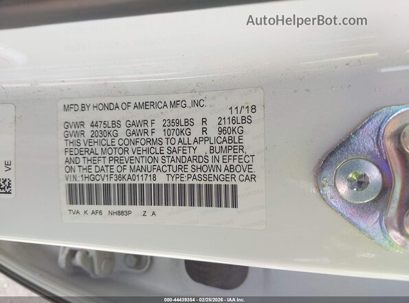 1HGCV1F36KA011718 2019 HONDA ACCORD White Вид підкапотного простору