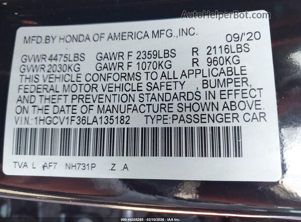 1HGCV1F36LA135182 2020 HONDA ACCORD Черный 