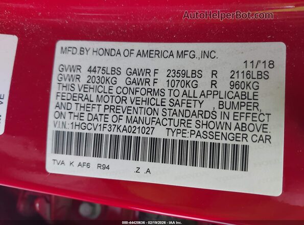 1HGCV1F37KA021027 2019 HONDA ACCORD Красный Вид подкапотного пространства