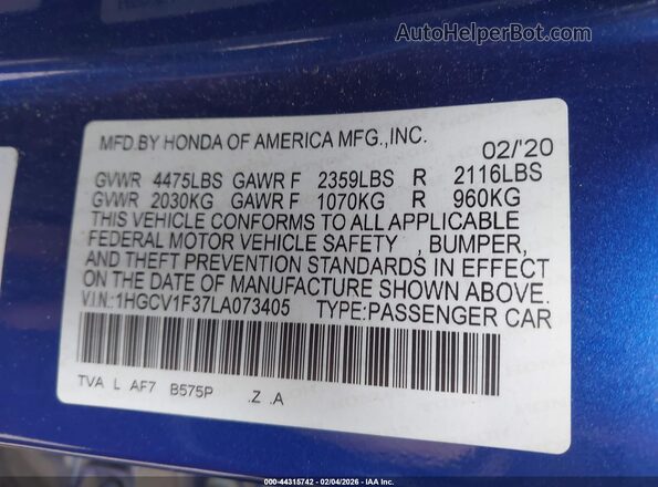1HGCV1F37LA073405 2020 HONDA ACCORD Blue Widok komory silnika