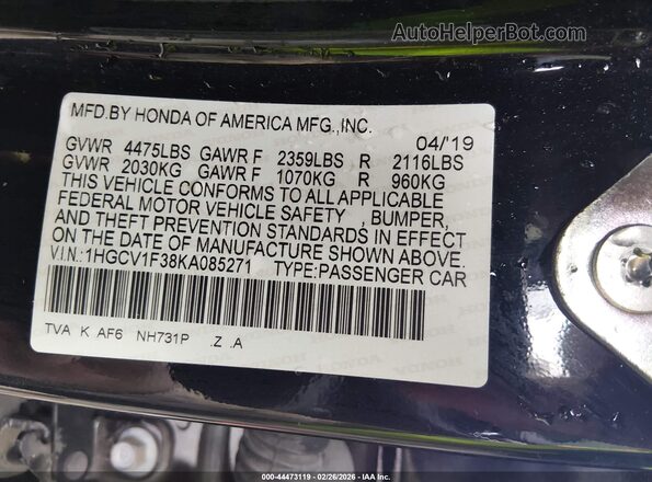 1HGCV1F38KA085271 2019 HONDA ACCORD Черный Вид подкапотного пространства
