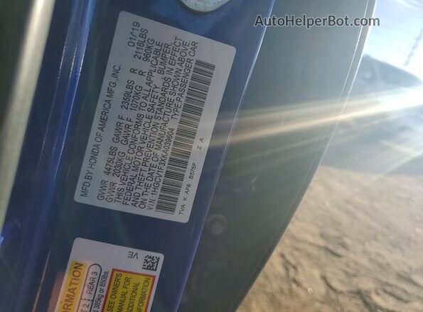 1HGCV1F3XKA039604 2019 HONDA ACCORD Blue Вид підкапотного простору