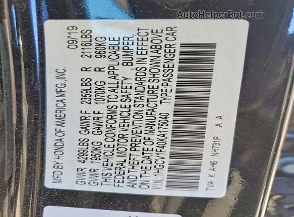 1HGCV1F40KA175040 2019 HONDA ACCORD Черный Вид наклейки с VIN-кодом
