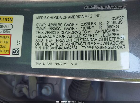 1HGCV1F44LA082684 2020 HONDA ACCORD Gray Widok komory silnika