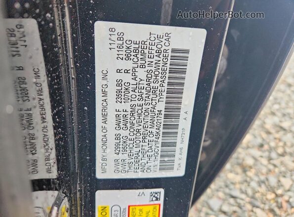 1HGCV1F45KA021794 2019 HONDA ACCORD Black VIN կոդի պիտակի տեսք