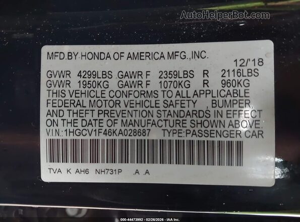 1HGCV1F46KA028687 2019 HONDA ACCORD Черный Вид подкапотного пространства