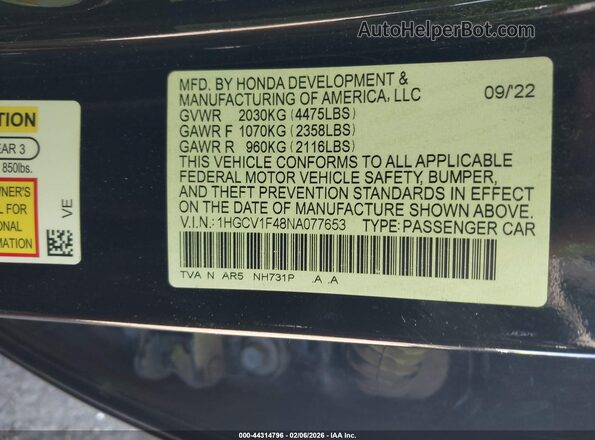 1HGCV1F48NA077653 2022 HONDA ACCORD Черный Вид подкапотного пространства
