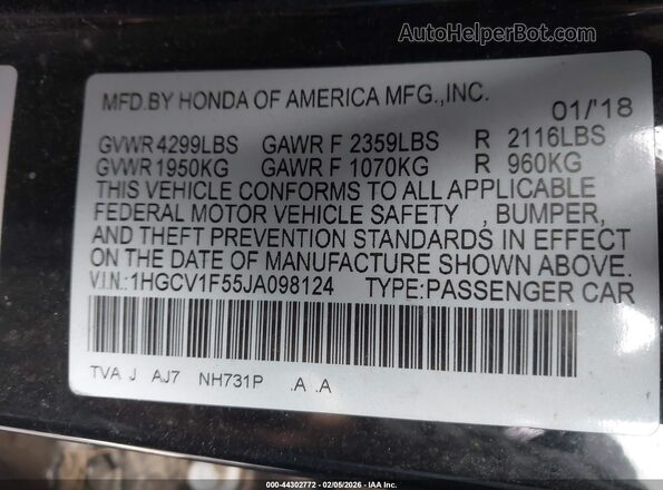 1HGCV1F55JA098124 2018 HONDA ACCORD Черный Вид подкапотного пространства