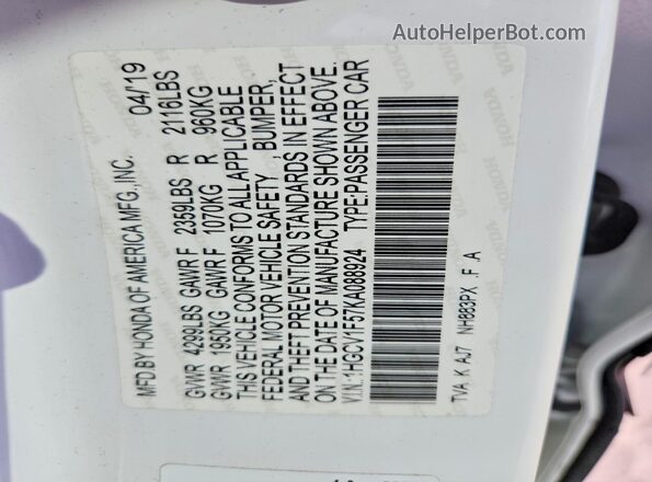 1HGCV1F57KA088924 2019 HONDA ACCORD Белый Вид подкапотного пространства