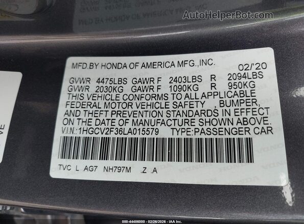 1HGCV2F36LA015579 2020 HONDA ACCORD Серый Вид подкапотного пространства