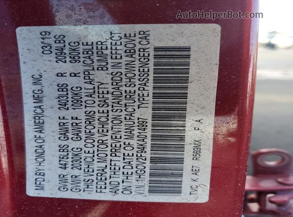 1HGCV2F94KA014997 2019 HONDA ACCORD Burgundy Вид підкапотного простору